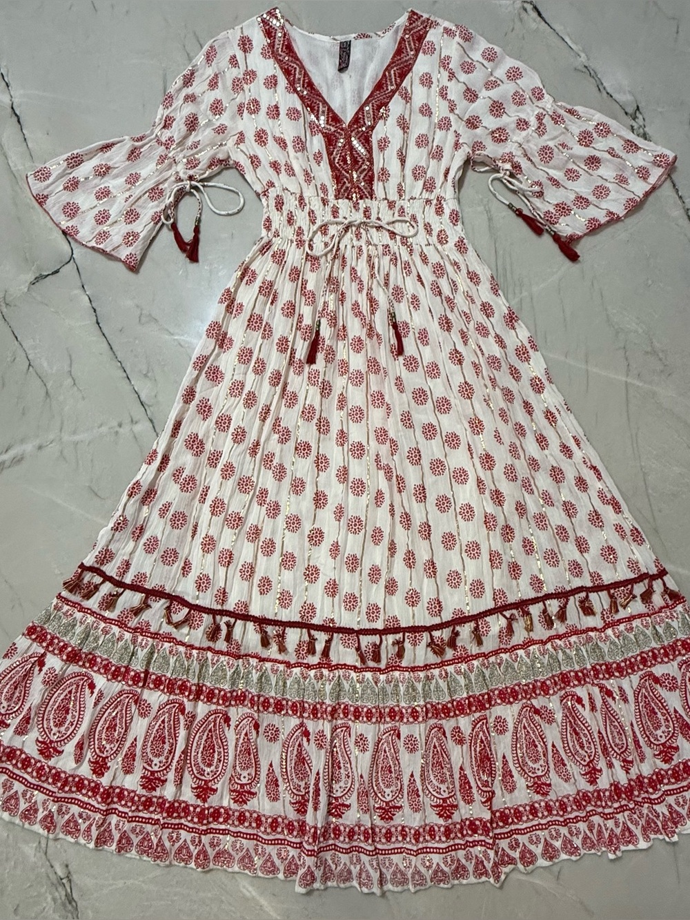Me 2 Magic Anthropologie Bohemian Dress Women Medium Boho Red Gold Long Maxi